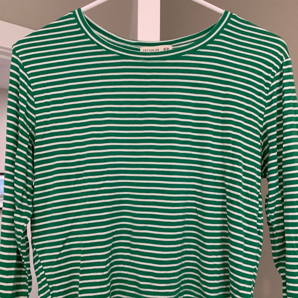Green and white striped cotton on long sleeve